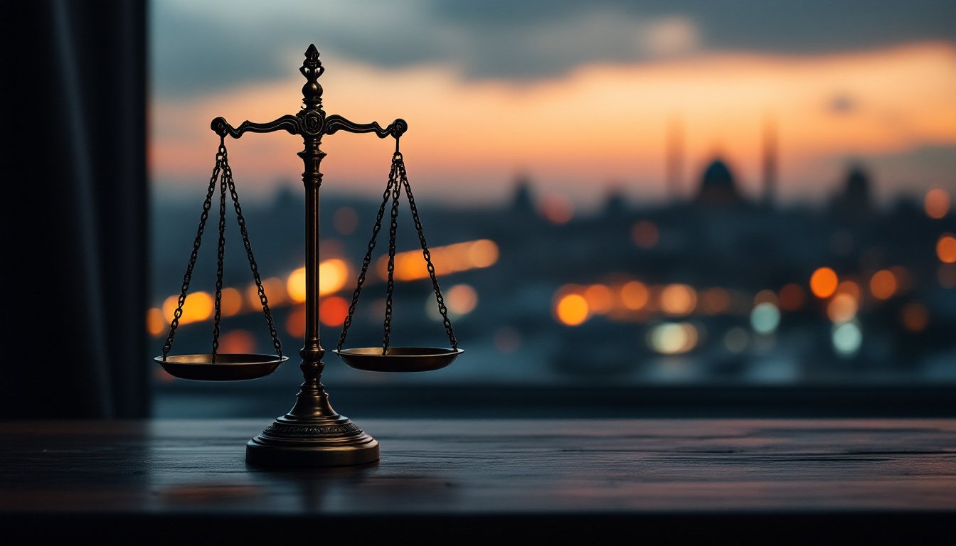 Adalet terazisi — İstanbul silüeti önünde, Çınar Hukuk Bürosu